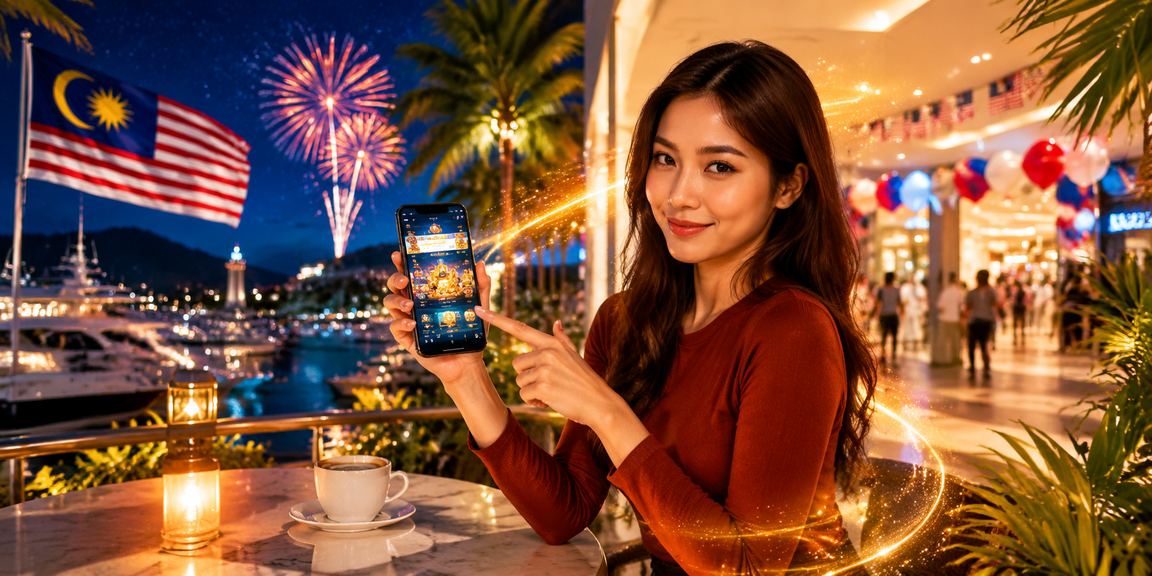 Ilustrasi deposit bonus kasino bergaya Melayu di Langkawi dengan telefon pintar dan wang ringgit