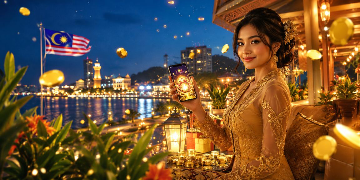 Pengguna wanita berbaju kebaya mengakses kasino mudah alih Malaysia dengan telefon pintar